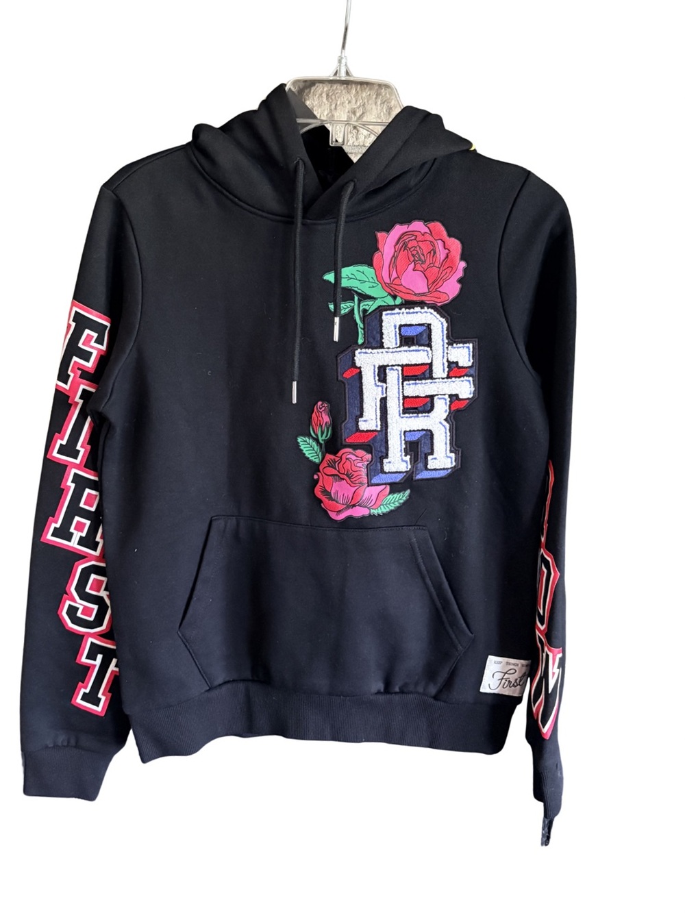 First Row Black Floral Varsity Graphic Hoodie NWT Small